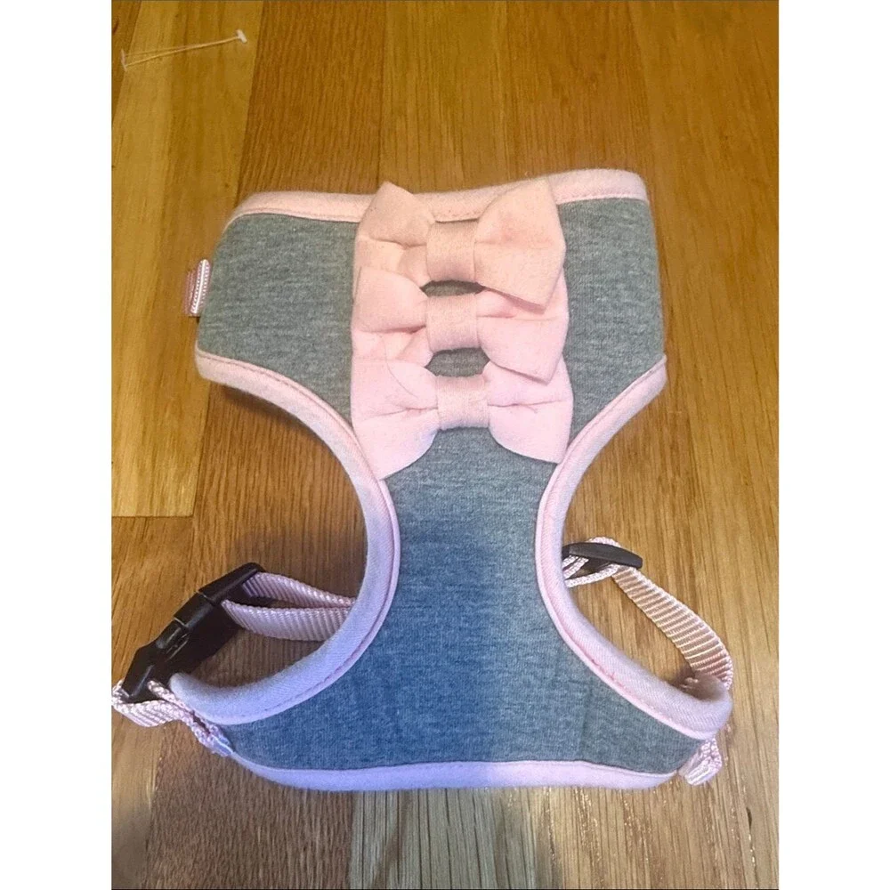 Pink & Gray Adjustable Dog Harness with Triple Bow Soft Mesh Small Pet Vest